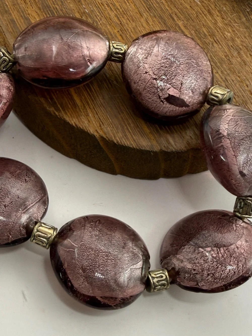 Vintage Murano Foil Art Glass Stretch Bracelet Mauve Purple Lentil Beads Italy